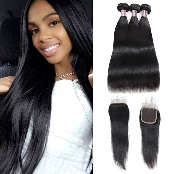 Brazilian Straight Human Hair Bundles With Closure Body Wave Indian Virgin Hair Extensions 3/4Bundles With 4x4 Lace Closure Peruvian