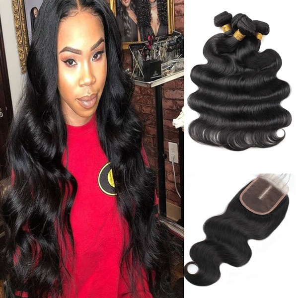 Malaysian Body Wave Human Hair Bundles With Closure Peruvian Hair 4Bundles Weft with Lace Closure Water Wave Loose Wave Hair Extensions