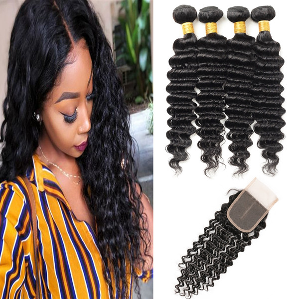 Indian Deep Wave Human Hair Bundles With Closure Peruvian Hair 4Bundles with Lace Closure Body Wave Deep Loose Wave Hair Extensions