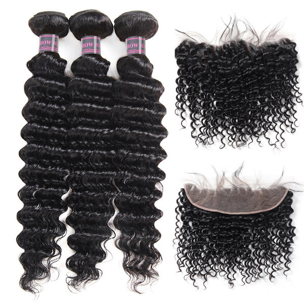 Indian Human Hair Bundles With Closure Wholesale Cheap Brazilian Hair 3Bundles With Lace Frontal Deep Wave Virgin Hair Extensions