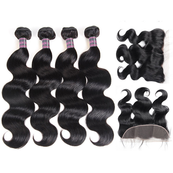 Ishow Hair Weave Peruvian Human Hair Bundles With Closure Brazilian Body Wave Hair Weaves 4pcs With Lace Frontal Cheap