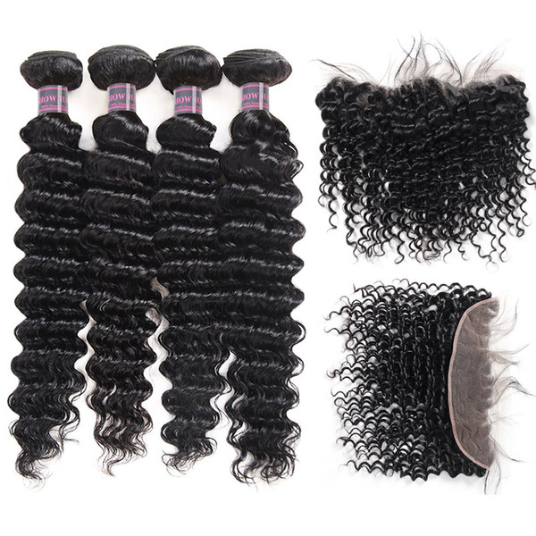 Wholesale Cheap Peruvian Hair Bundles Brazilian Malaysian Deep Wave 4pcs With 13*4 Lace Frontal Unprocessed Indian Virgin Hair Extensions