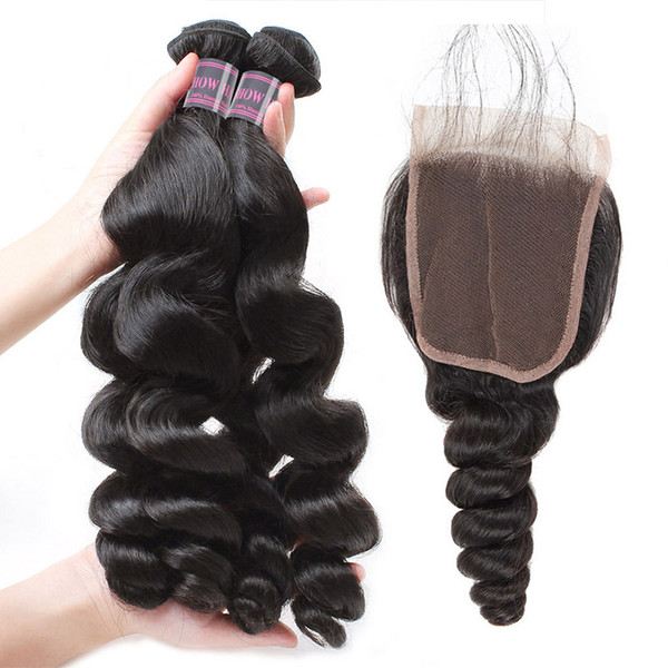 Indian Human Hair Brazilian Loose Wave 4 Pcs With 4x4 Lace Closure Peruvian Virgin Human Hair Extensions Wholesale Price