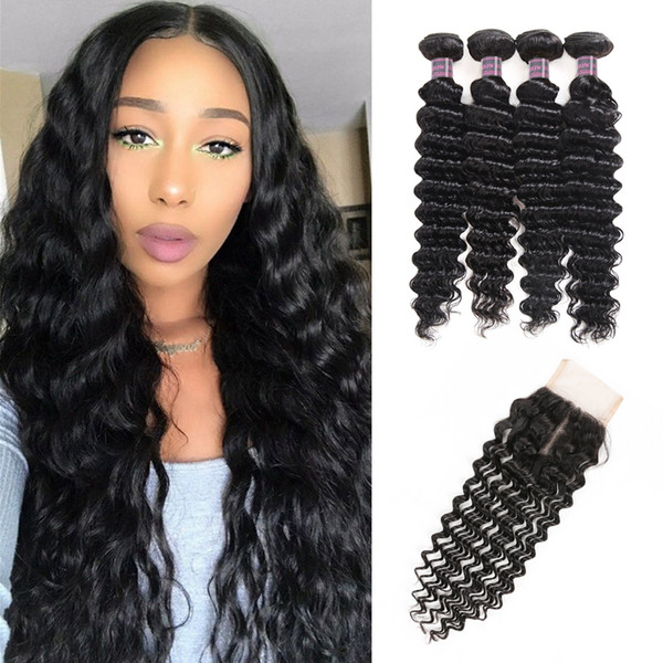 28inch Deep Curly Virgin Hair Extensions Loose Wave 3/4pcs With Lace Closure Straight Water Wave Virgin Human Hair Bundles With Closure