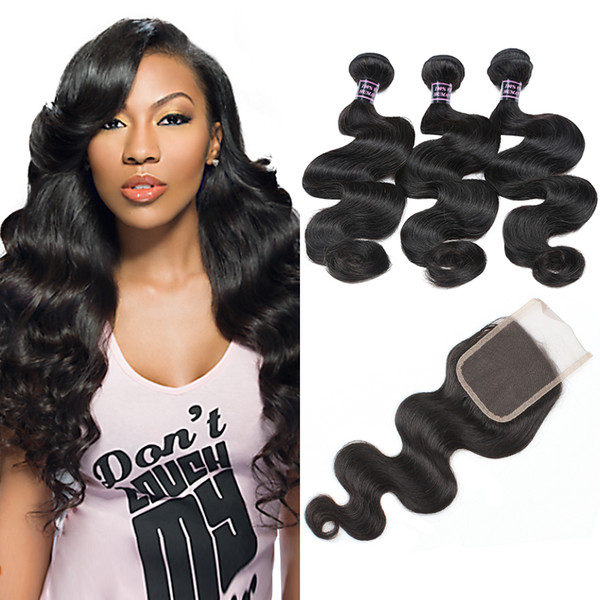 Peruvian Human Hair Weave 3Bundles With Lace Closure Human Hair Extensions Best 10A Brazilian Hair Bundles With Closure Body Wave Wholesale