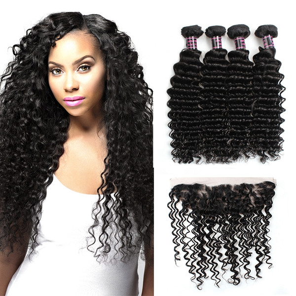 Wholesale Price 10A Brazilian Deep Wave 4Bundles with 13*4 Lace Frontal Peruvian Malaysian Indian Virgin Human hair Products 