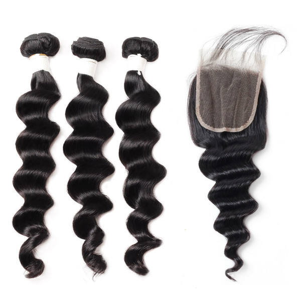 9A Loose Deep Body Wave Human Hair Bundles with Closure Deep Loose 3Bundles with Lace Closure 8-28 inch Remy Human Hair Extensions