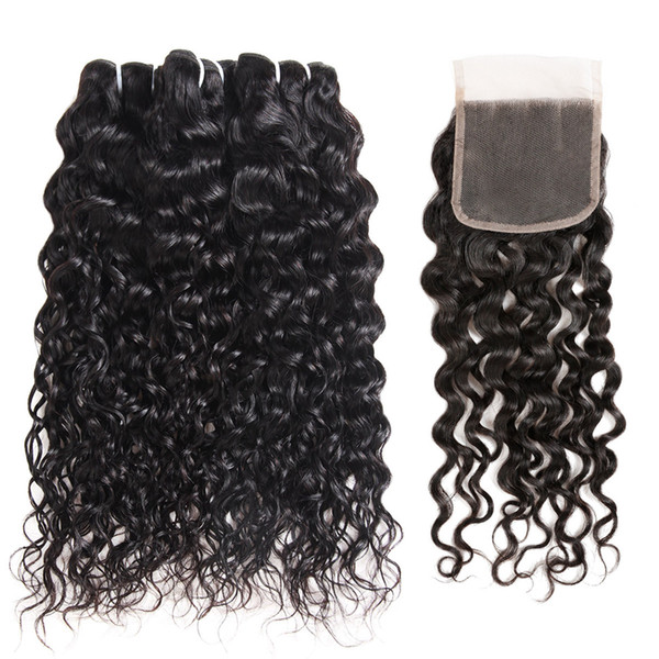 9A Water Wave Body Wave Human Hair Bundles with Closure Deep Wave 3Bundles with Lace Closure 8-28 inch Remy Human Hair Extensions