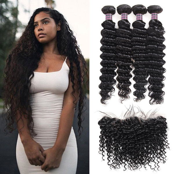 Indian Human Hair Kinky Curly Loose Deep Peruvian Human Hair Bundles With Closure Brazilian Body Wave Hair Weaves 4pcs With 13*4 Frontal