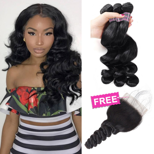 Big Sale Promotion Buy 3 Bundles Brazilian Loose Wave Unprocessed Peruvian Human Hair Bundles Get One Free Closure Free Part