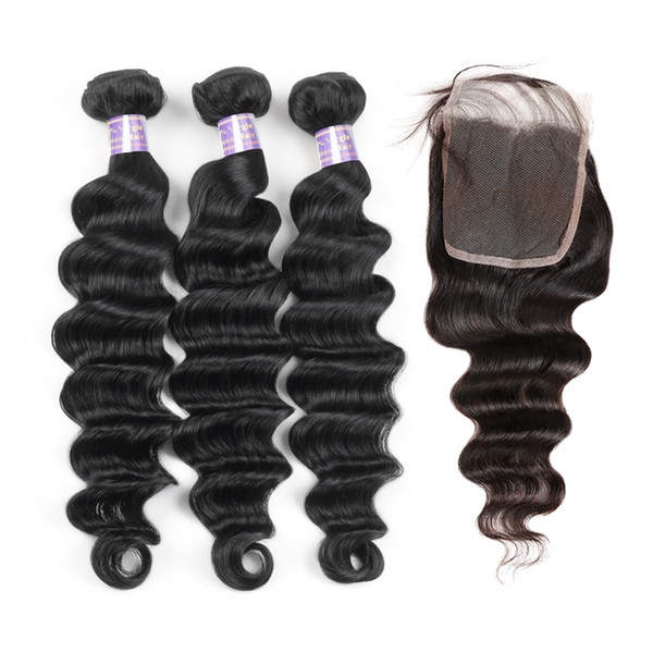 Deep Loose human hair bundles with closure 8A Brazilian Hair 3PCS With 4x4 Lace Closure Loose Deep Virgin Human Hair Extensions