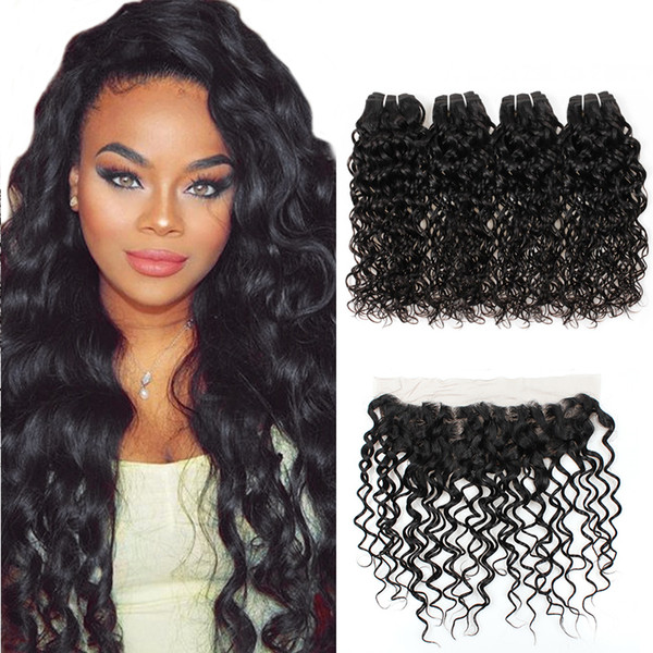 Wholesale 10A Brazilian Water Wave With 13*4 Lace Frontal Peruvian Wet and Wavy Hair 4 Bundles With Frontal Malaysian Natrual Wave Hair