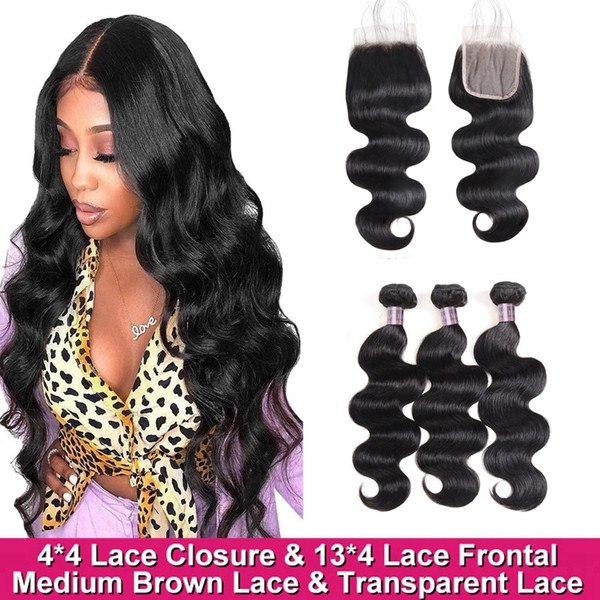 Brazilian 4*4 Transparent Lace Closure with Bundles Body Wave Virgin Human Hair Bundles with Closure Frontal 13*4 Malaysian Peruvian Hair