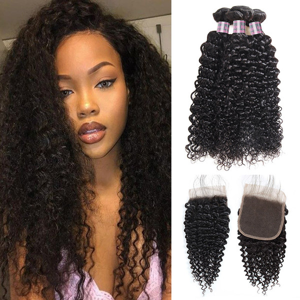 Indian Hair Kinky Curly Wave 3 Human Hair Bundles With Closure Cheap Peruvian Virgin Human Hair Wefts Wholesale Price