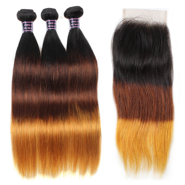 Ishow Ombre Straight Peruvian Malaysian Human Hair Bundles with Closure T1B/4/30 Brazilian Remy Hair Weave 3 Bundles with Lace Closure Free