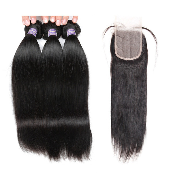 10A 3Bundles With Transparent Lace Closure Straight Peruvian Hair Weaves Best 10A Brazilian Human Hair Bundles With Closure Hair Extensions