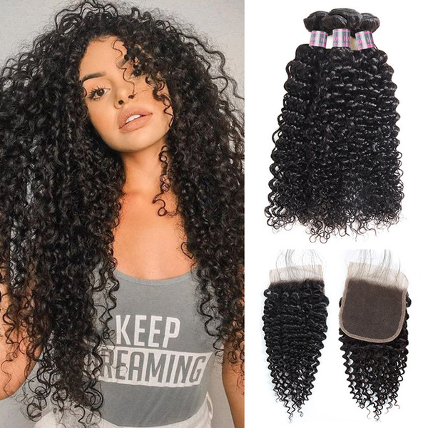 Good Quality Kinky Curly Hair With Closure 3 Bundles 8A Brazilian Kinky Curly Virgin Hair Malaysia Human Hair Bundles With Closure