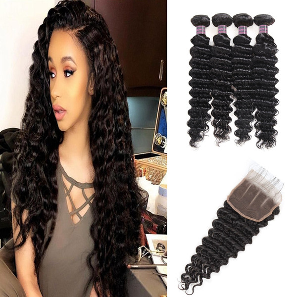 Brazilian Deep Loose Water Wave 3/4Bundles With Lace Closure 8-28