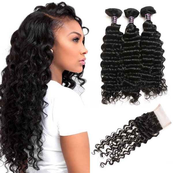 Best 10A Brazilian Deep Wave Curly Hair 4 Bundles with Closure Wholesale Peruvian Malaysian Human Hair Extensions Indian Human Virgin Hair