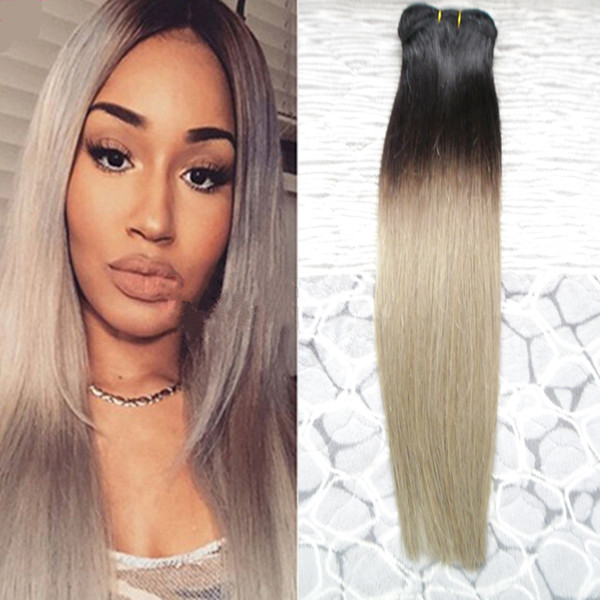 Ombre grey hair weave 100g T1B/Gray Human Hair Weave 1pcs brazilian Straight virgin gray hair extensions,no shedding, tangle free