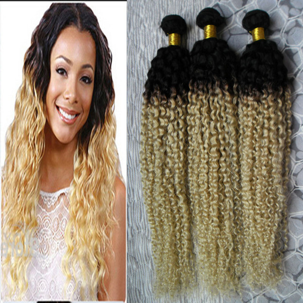 Ombre Kinky Curly Weave Bundles T1B/613 blonde human hair extensions bundle 300g indian curly virgin hair 3PCS