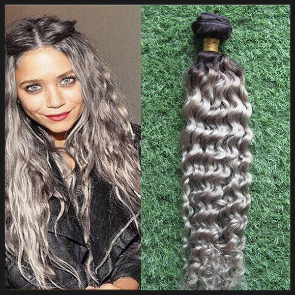 T1B/Gray hair extensions weave kinky curly human hair bundles 100g 1PCS/LOT ombre grey hair weave,Double drawn,No shedding