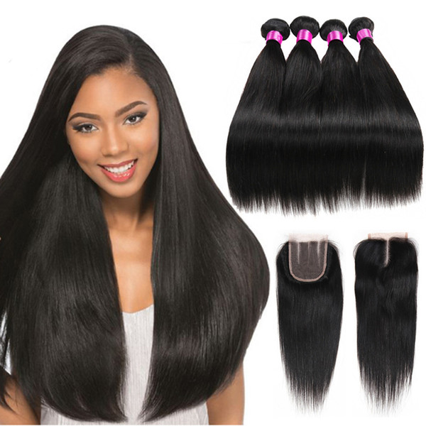 Peruvian Malaysian Mongolian Indian Brazilian Virgin Straight Hair Weaves 3 4 Bundles With Closure 9A Human Hair Bundle With Lace Closure