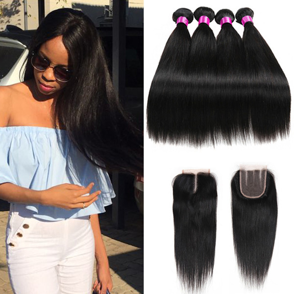 Malaysian Peruvian Indian Brazilian Virgin Straight Hair Weaves With Closure Bundles With Closure Human Hair Weave With 4*4 Lace Closure