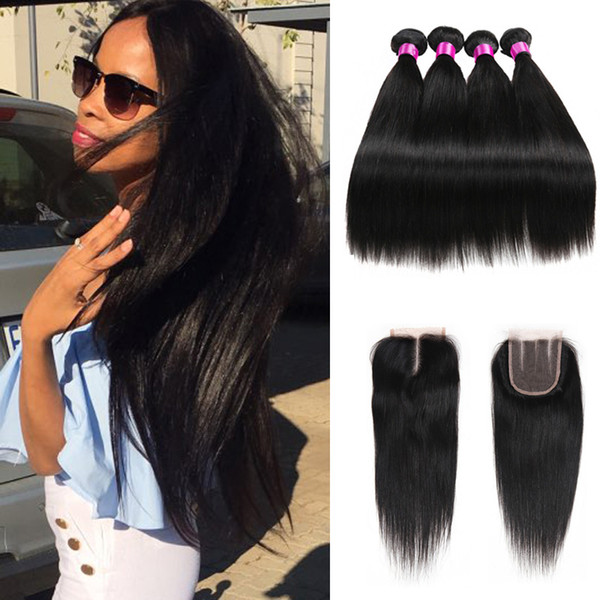 9A Brazilian Virgin Human Hair Lace Closure Brazilian Straight Hair Weaves With Closure Human Hair Weave 3 4 Bundles With Closure