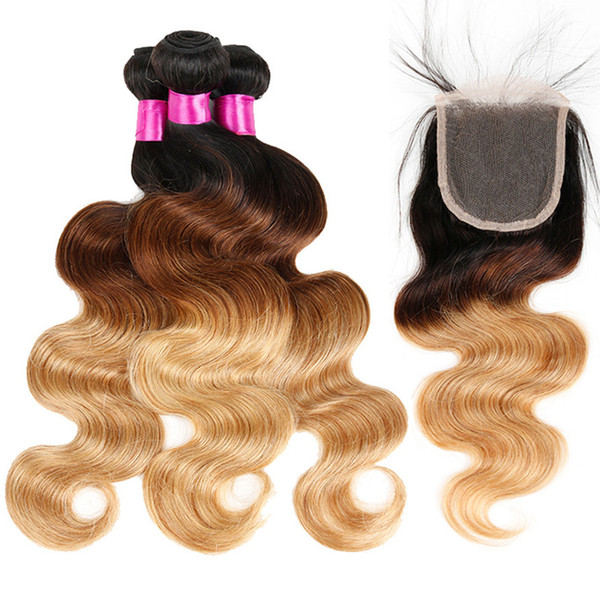 1B/27 1B/4/27 Blonde Human Hair Lace Closure Ombre Hair Bundles With Closure Brazilian Virgin Hair Body Wave With Closure