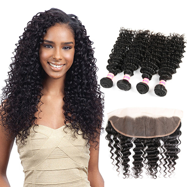 9A Brazilian Virgin Hair Deep Wave With Closure 3 Bundles With Lace Frontal Closure 13x4 Ear to Ear Full Lace Frontal With Bundles