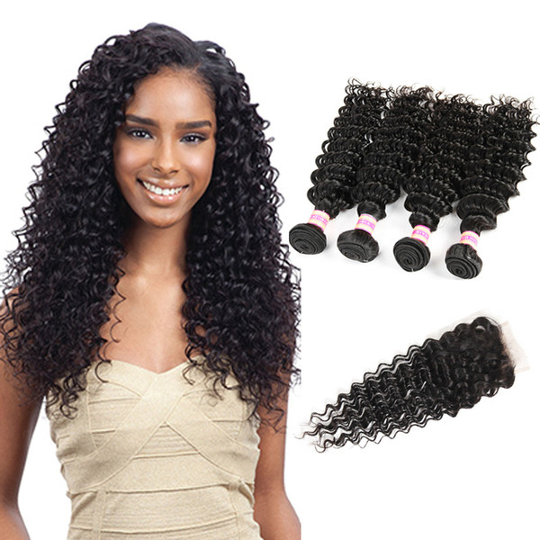 Indian Malaysian Peruvian Mongolian Brazilian Virgin Hair Deep Wave Bundles With Closure Kinky Curly Human Hair Lace Closure