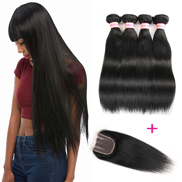 Peruvian Malaysian Mongolian Indian Brazilian Virgin Straight Hair Extensions 3/4 Bundles With Lace Closure Human Hair Bundles With Closure