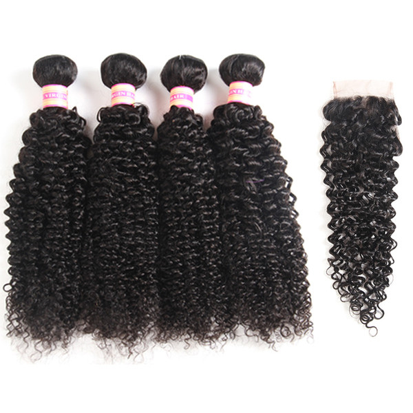 Peruvian Mongolian Brazilian Malaysian Indian Virgin Kinky Curly Hair 3 4 Bundles With Closure human hair bundle with lace closure