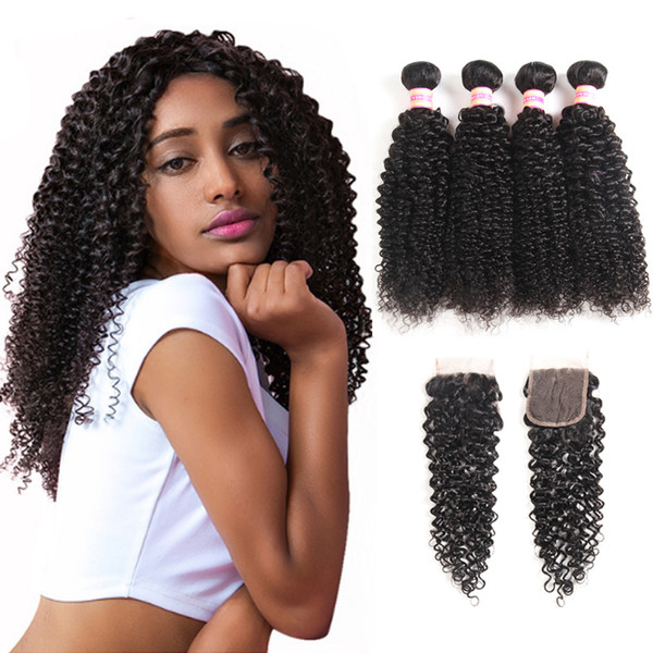 Top Quality Peruvian Mongolian Brazilian Malaysian Indian Virgin Kinky Curly Hair 3 4 Bundles With Closure Human Hair Weave Lace Closure