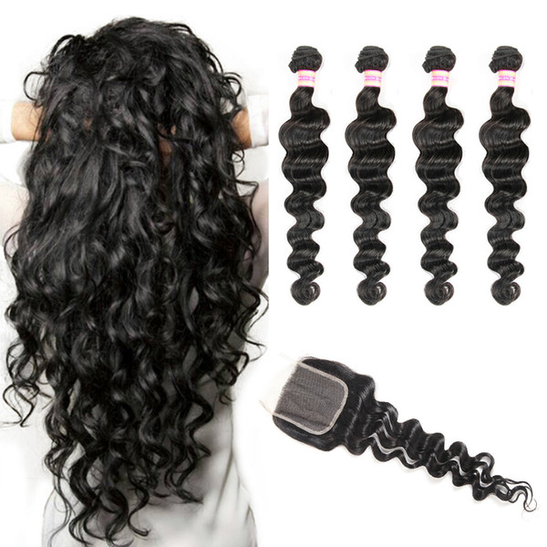 9A Brazilian Loose Deep Hair Bundles With 4x4 Lace Closure Brazilian Virgin Loose Wave Human Hair Bundles With Closure