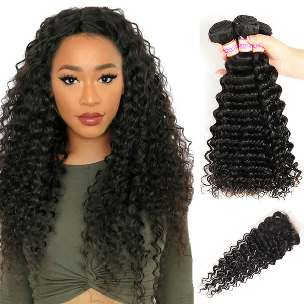 Peruvian Malaysian Indian Brazilian Virgin Hair Deep Wave Bundles With Closure Human Hair Lace Closure Kinky Curly Hair Extensions