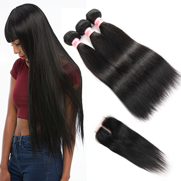 10A Brazilian Hair 4 Bundles With Closure Brazilian Virgin Straight Hair Extensions Human Hair Bundle With Lace Closure