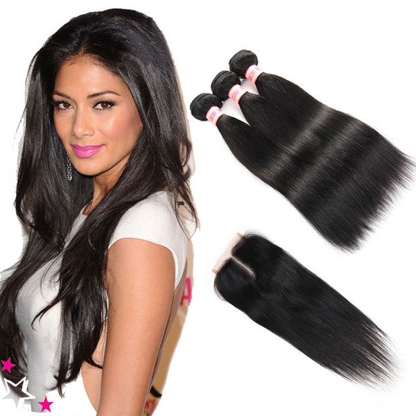 10A Unprocessed Peruvian Hair Bundles With Closure Peruvian Virgin Straight Hair Extensions Human Hair Bundle With Lace Closure