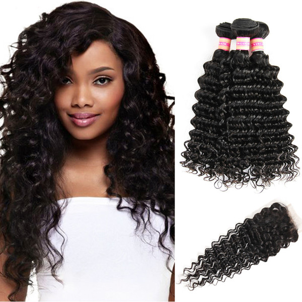 Peruvian Virgin Hair Deep Wave 3 4 Bundles With Closure 9A Unprocessed kinky curly Human Hair With Closure