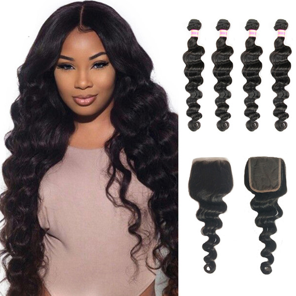 Malaysian Peruvian Indian Mongolian Brazilian Virgin Hair Loose Wave Bundles With Closure Loose Deep Human Hair Bundle With Lace Closure