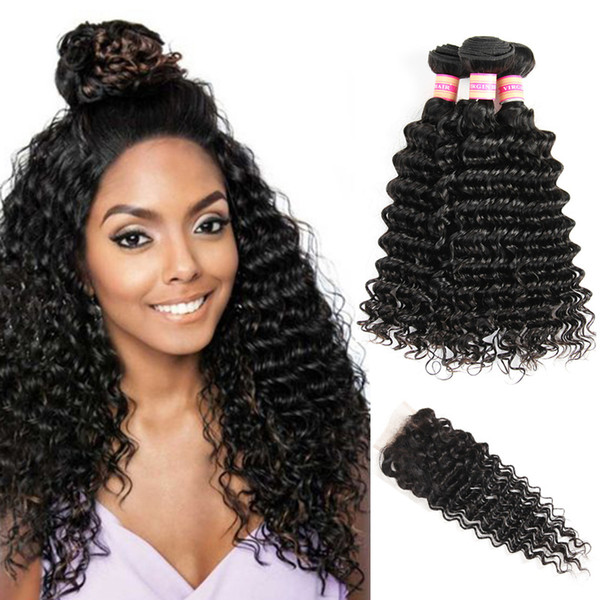 Brazilian Virgin Hair Deep Wave 3 4 Bundles With Closure 9A Unprocessed Human Hair Bundle Lace Closure