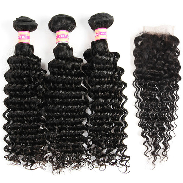 Malaysian Indian Peruvian Brazilian Virgin Hair Deep Wave Bundles With Closure Water Wave Human Hair Bundle With Lace Closure