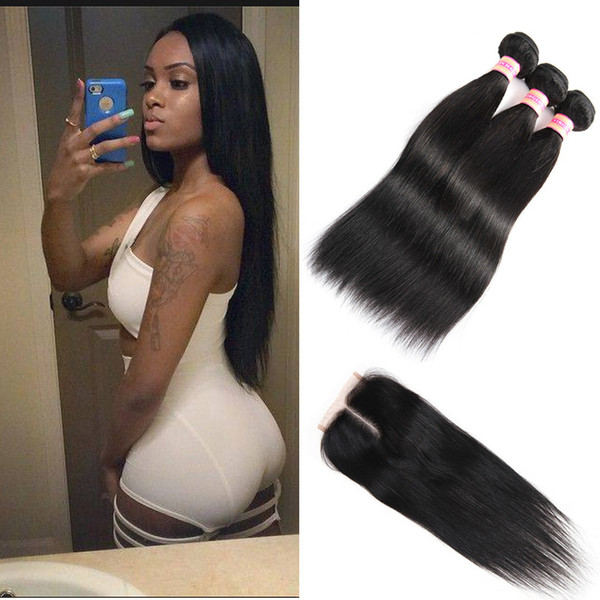 10A Unprocessed Indian Hair Bundles With Closure Raw Indian Virgin Straight Hair Extensions Human Hair Bundle With Lace Closure