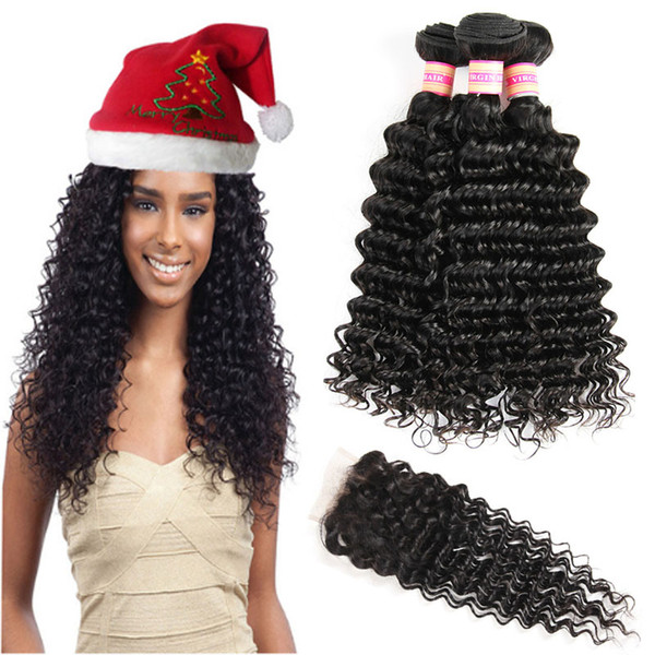 Brazilian Virgin Hair Deep Wave Bundles With Closure Unprocessed Kinky Curly Hair Extensions Human Hair With Closure