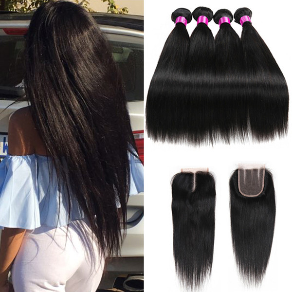 9A Peruvian Indian Malaysian Brazilian Straight Virgin Hair With Closure Human Hair With Closure 3 4 Bundles With Closure Hair Extensions