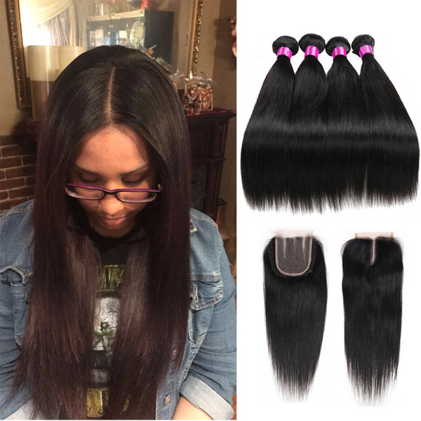 Brazilian Malaysian Peruvian Indian Mongolian Virgin Straight Hair Unprocessed Human Hair Lace Closure Bundles With Closure Hair Extensions