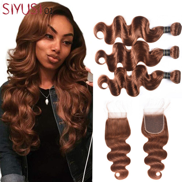 Color 4# Dark Brown Brazilian Virgin Hair 3/4 Bundles With Lace Closure Body Wave Human Hair Weaves Extensions With Closure