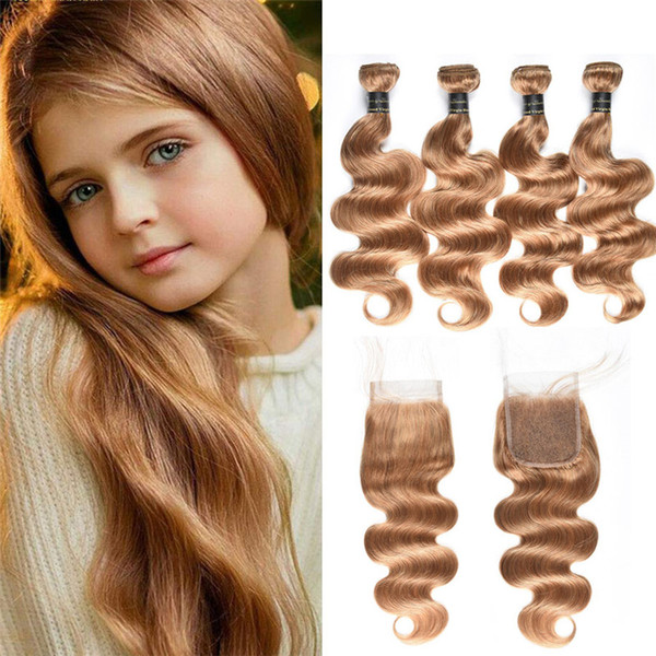 100% Unprocessed Human Hair Bundles With Closure 27# Honey Blonde Body Wave Hair 3 Bundle Brazilian Virgin Hair With Lace Closure