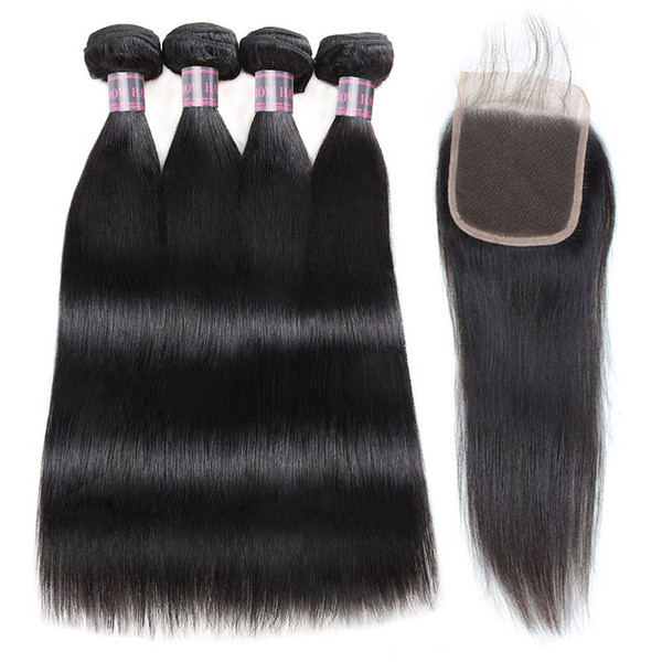 Straight 4PCS with Closure Malaysian Virgin Hair Wefts Brazilian Human Hair Bundles Indian Hair Extensions With Lace Closure Wholesale